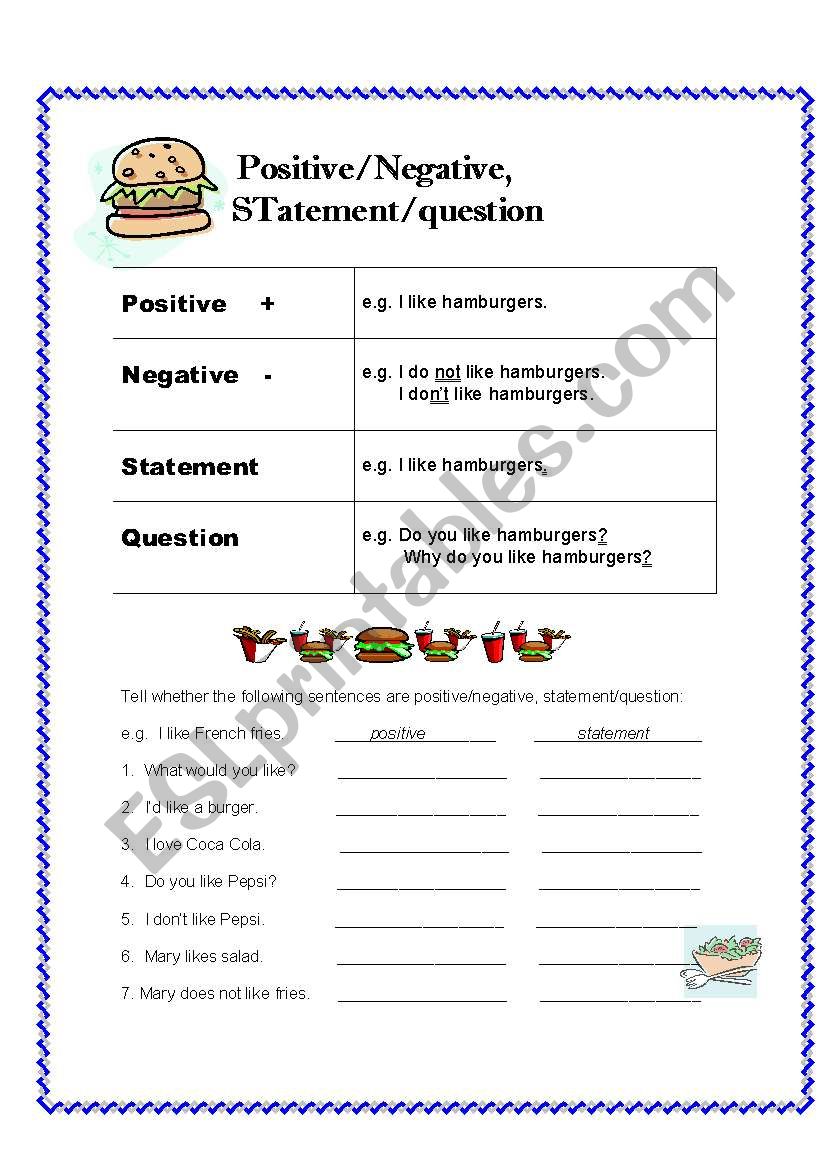 English worksheets: Positive/Negative, Statement/Question