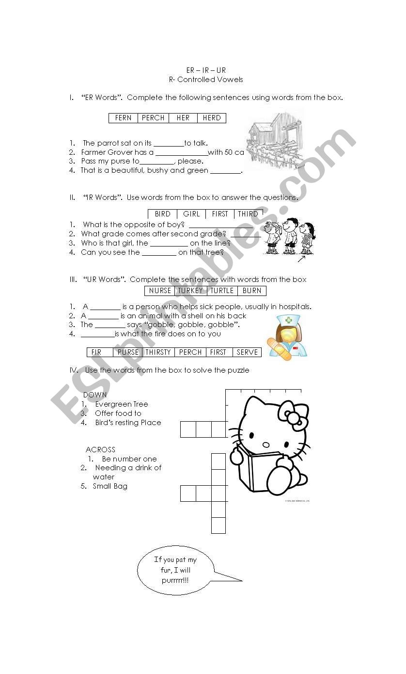 English Worksheets ER IR UR