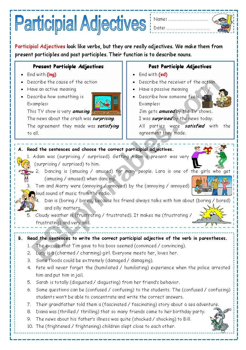 English Worksheets Participial Adjectives ed Or Ing 