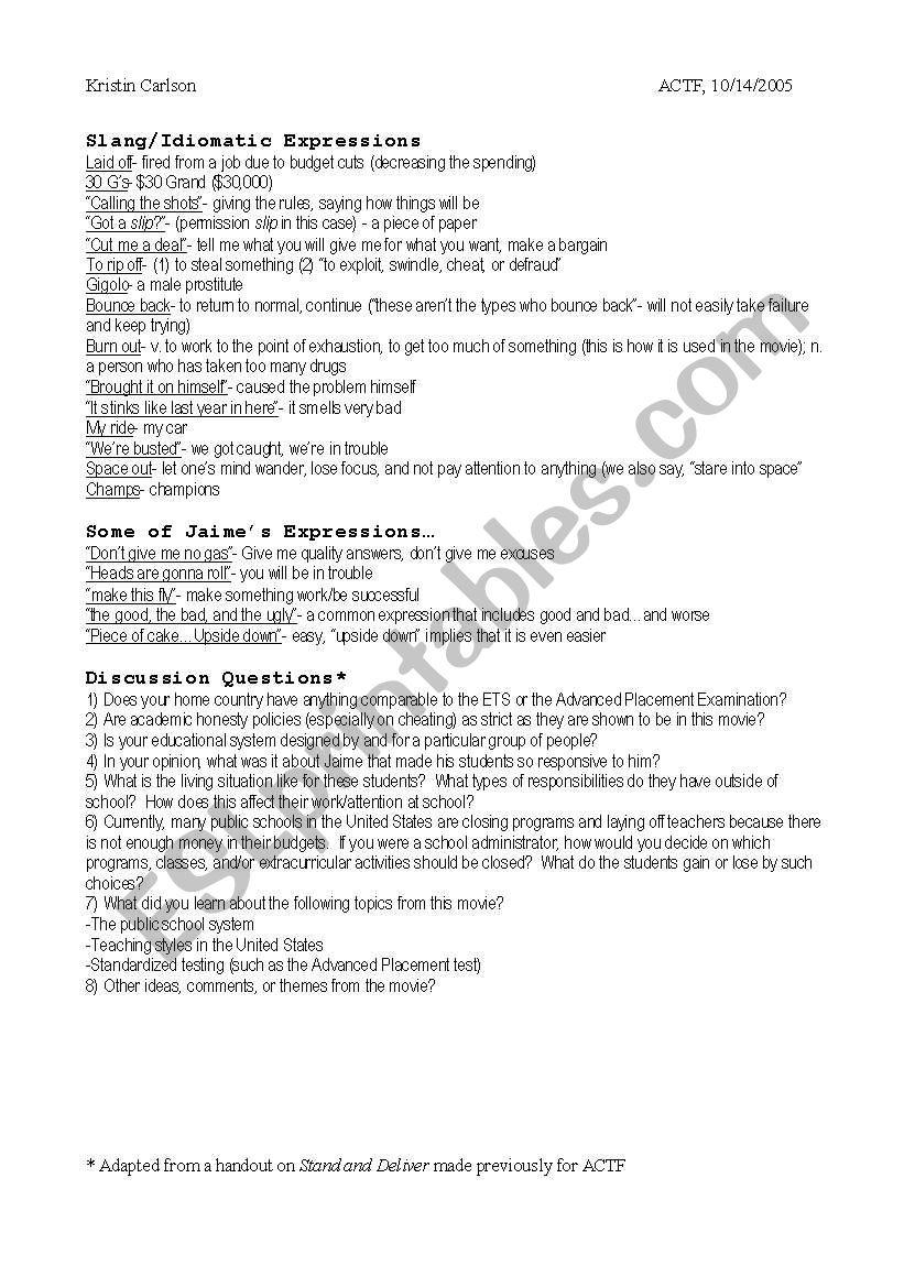 worksheet Stand And Deliver Worksheet english worksheets stand and deliver movie worksheet