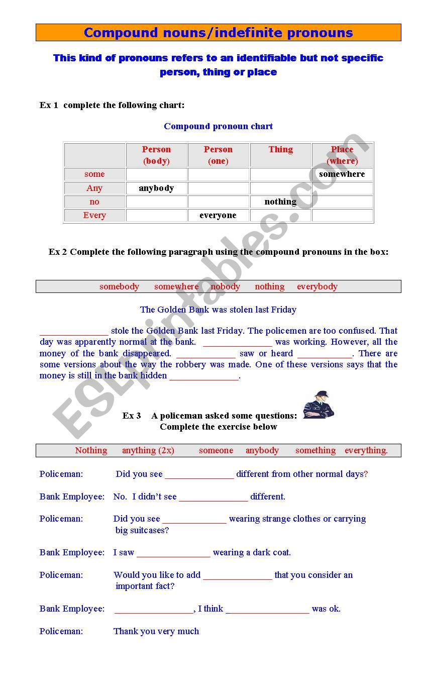 English Worksheets Compound Nouns Indefinite Pronouns