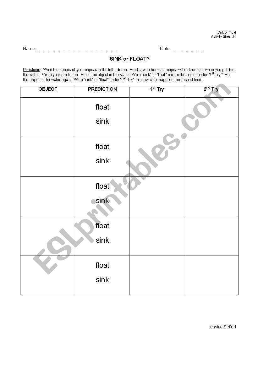 English Worksheets Sink Or Float Record Sheet