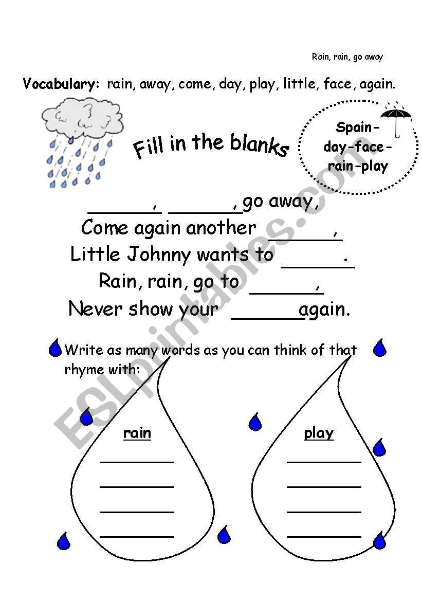 worksheet Rain Rain Go Away Worksheet english worksheets rain go away