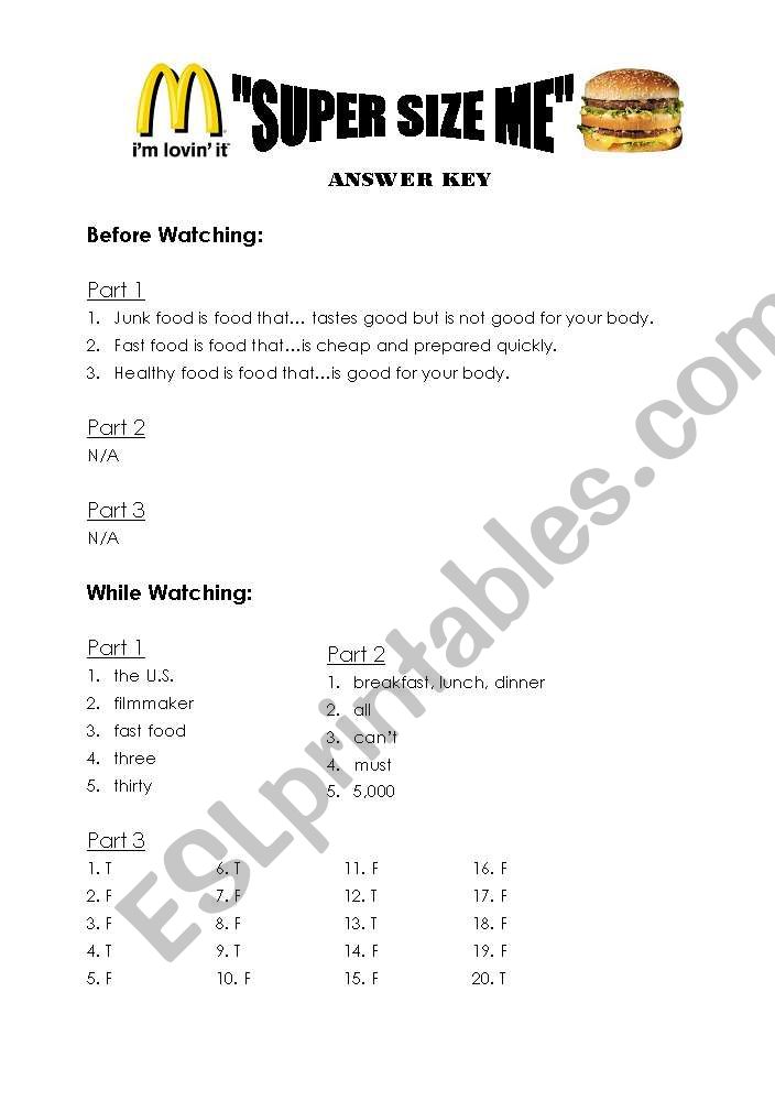 English Worksheets Super Size Me Worksheet Answer Key