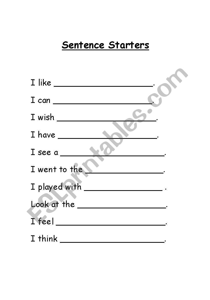 English Worksheets Sentence Starters