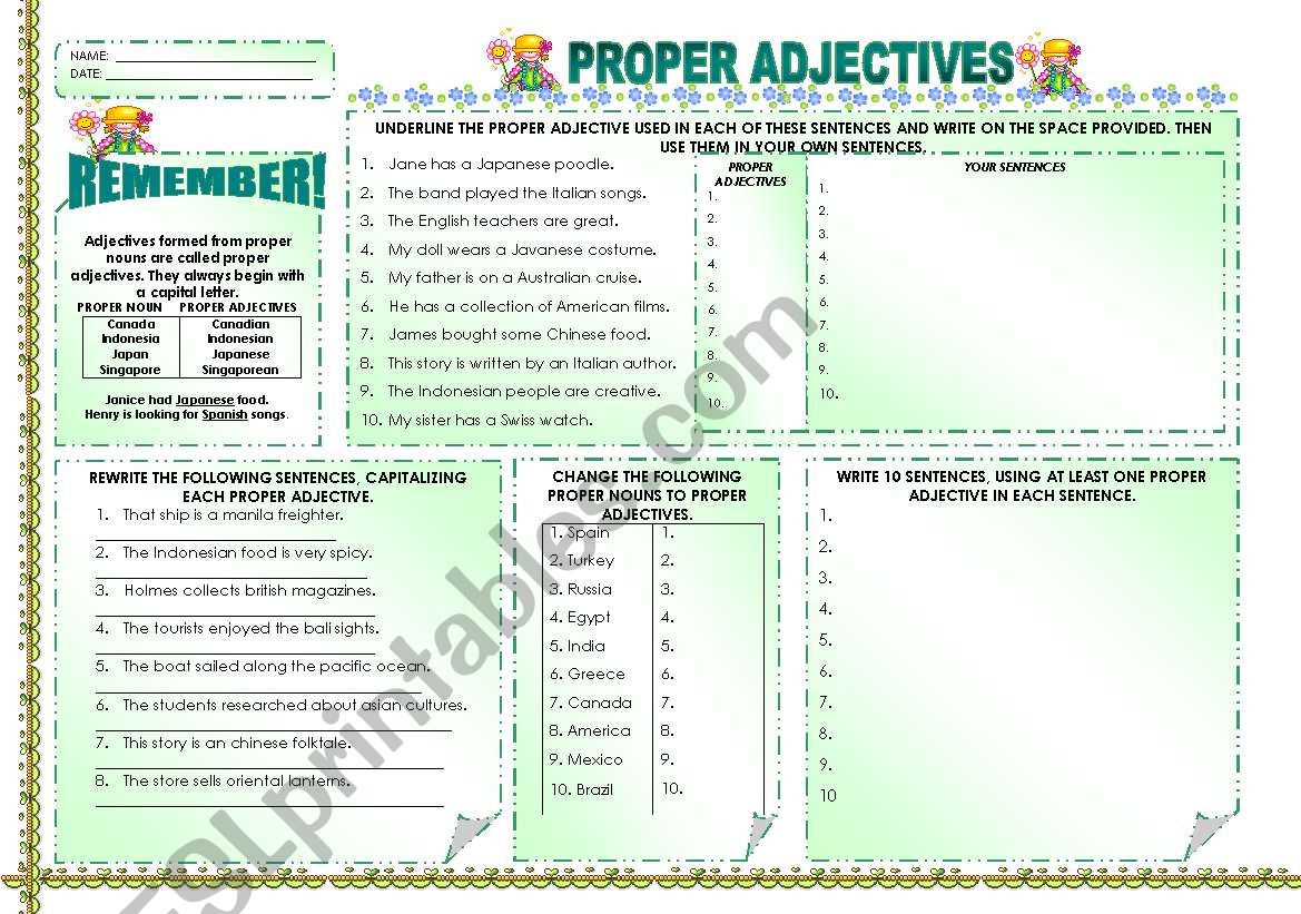 PROPER ADJECTIVES ESL Worksheet By Mavic15