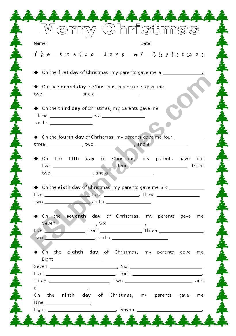 English worksheets 12 Days Of ChristmasMake own lyrics