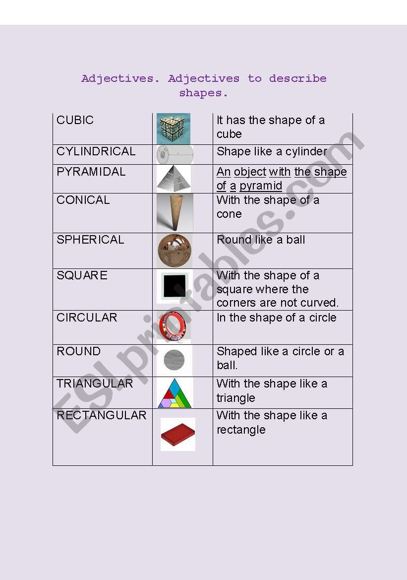 Adjectives Describing Sizes Shapes And Differences Worksheets