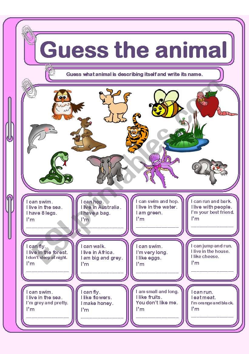 English Worksheets Guess The Animal 1