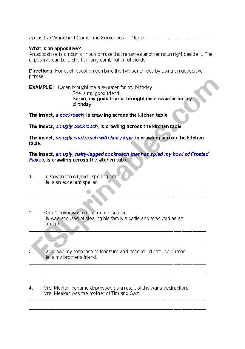 English Worksheets Appositives Combining Sentences