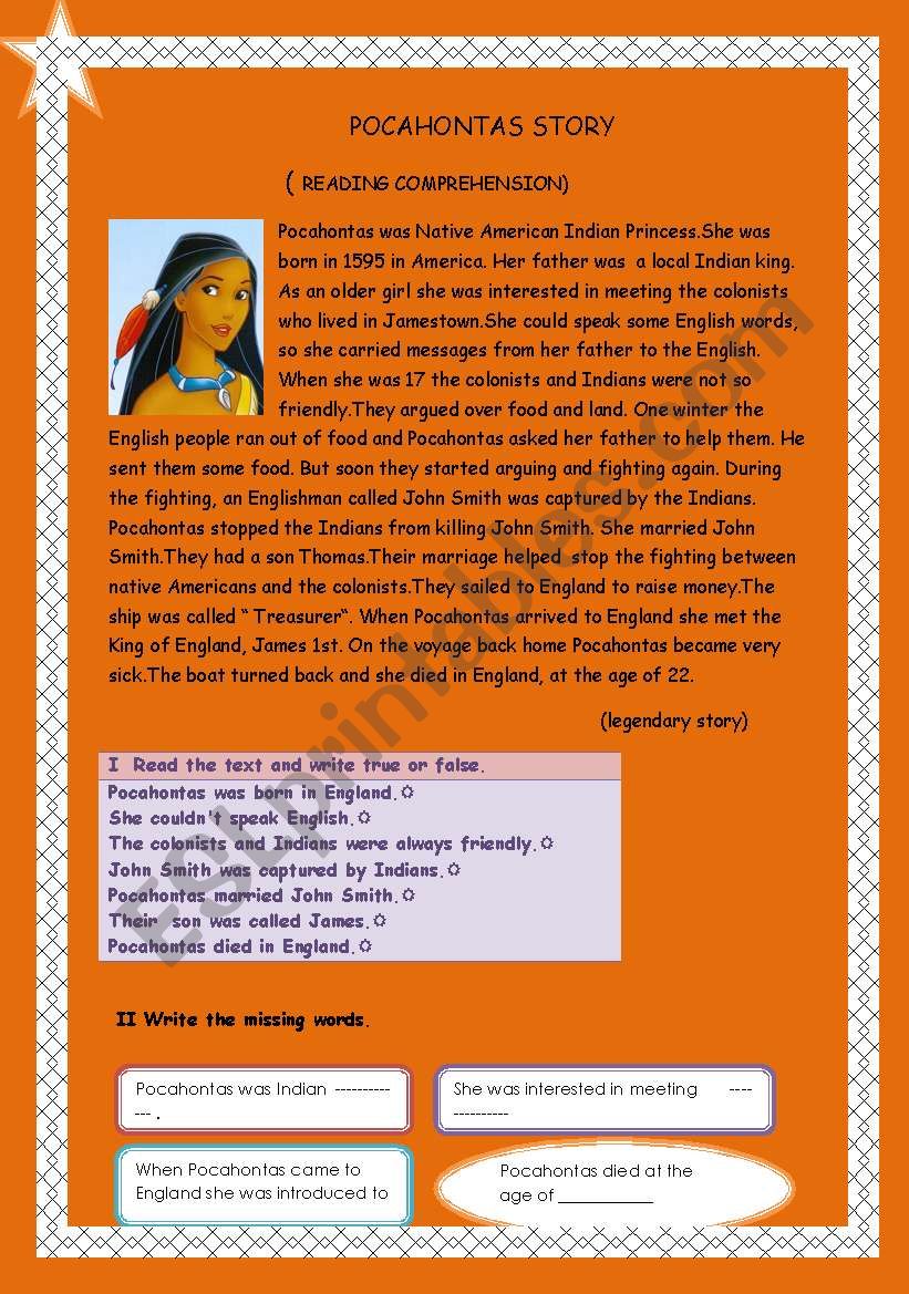 Pocahontas story ( reading comprehension) - ESL worksheet by senada