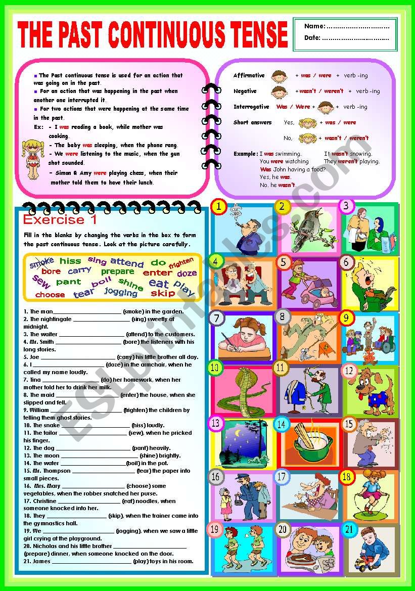 English Worksheets The Past Continuous Tense