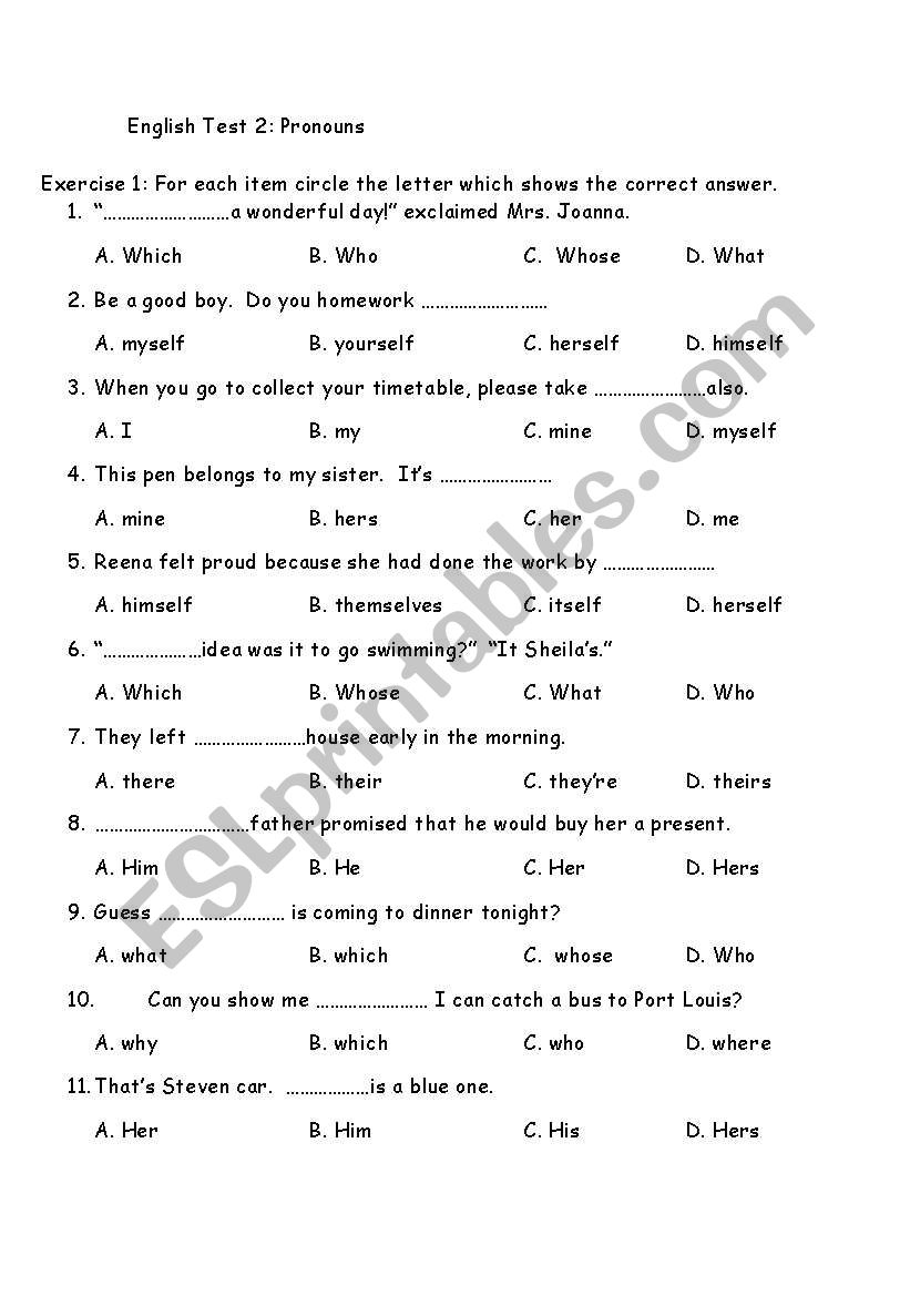 English Worksheets Multiple Choice Personal Pronouns