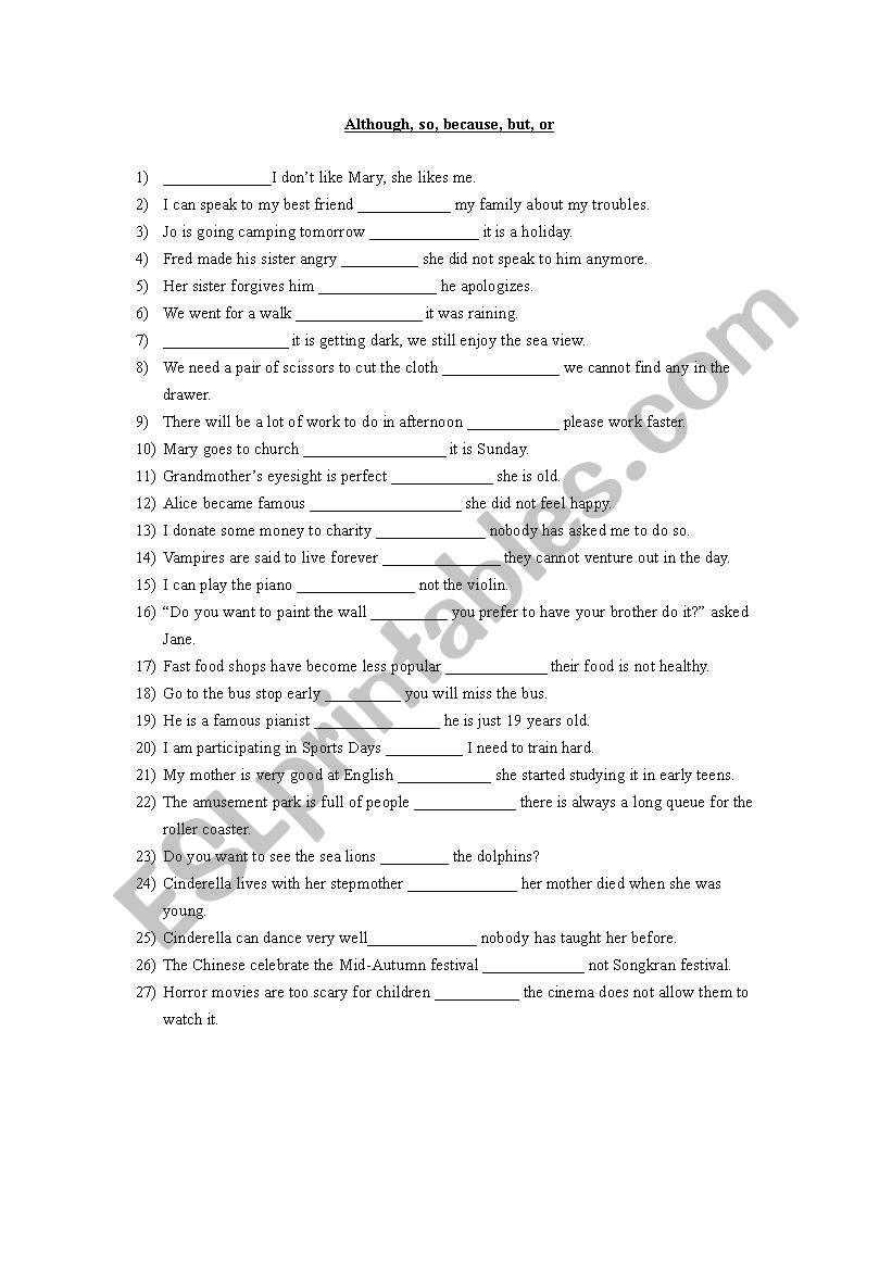 Conjunctions Although But Because And So ESL Worksheet By Kitipa