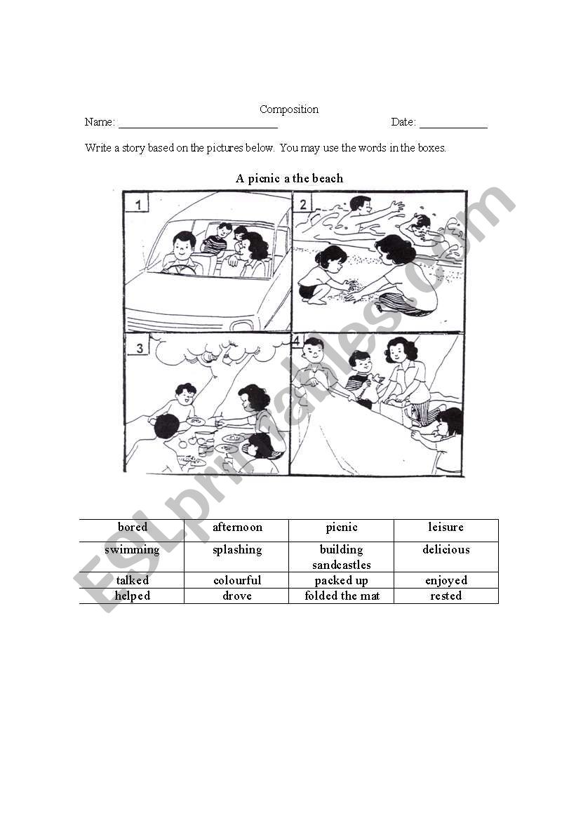 A picnic at the beach- A 4 picture composition - ESL worksheet by kiatyan