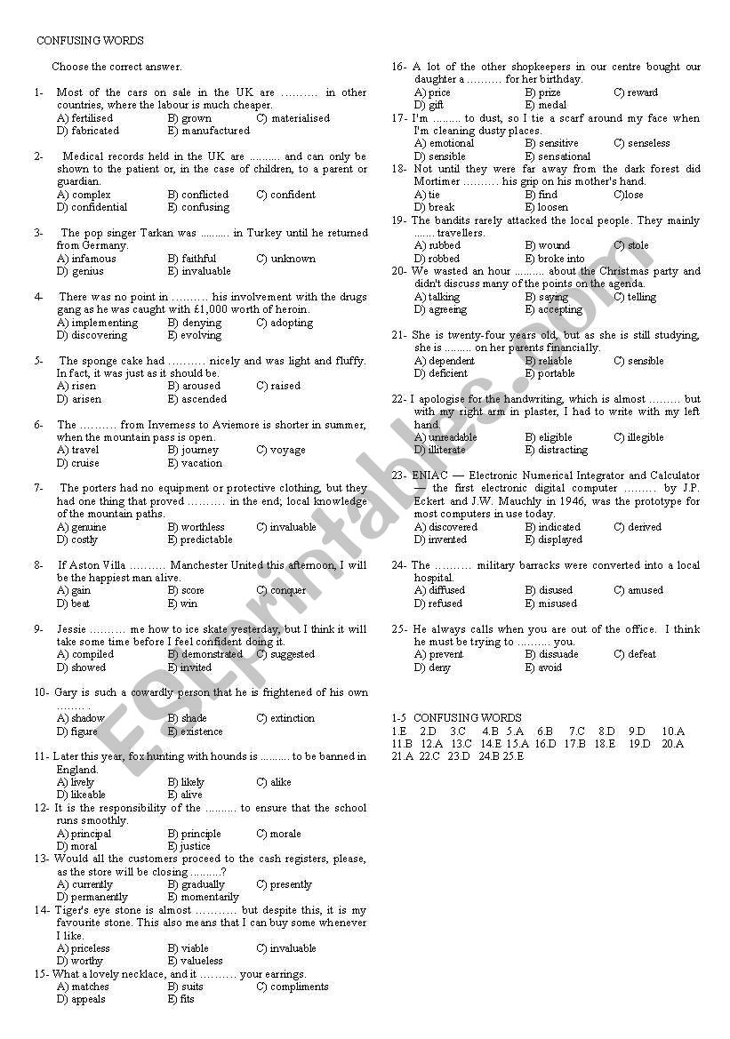 English Worksheets COMMONLY CONFUSED WORDS