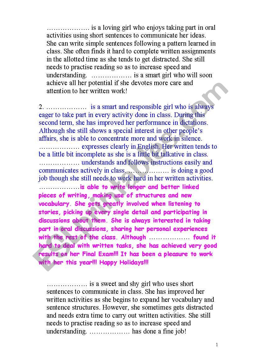 Report Card Comments for Weak and bright students - ESL worksheet by