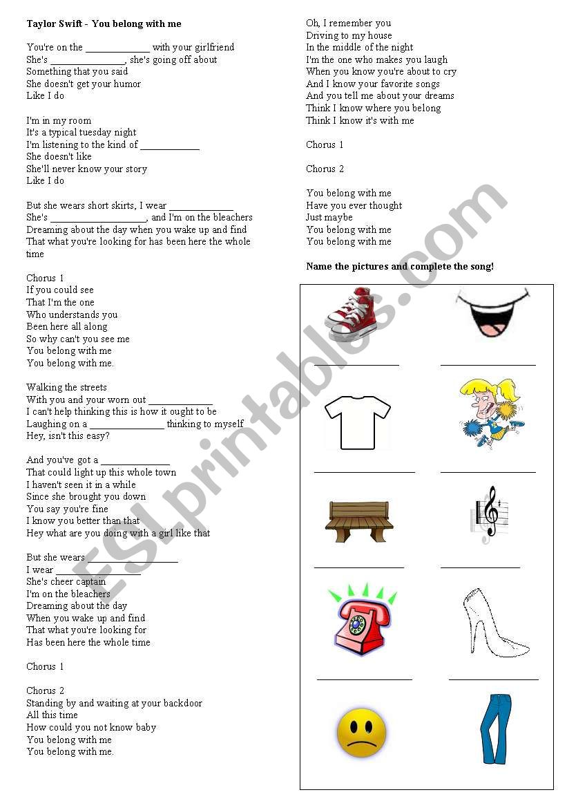 Taylor Swift You Belong With Me Esl Worksheet By Nanda83