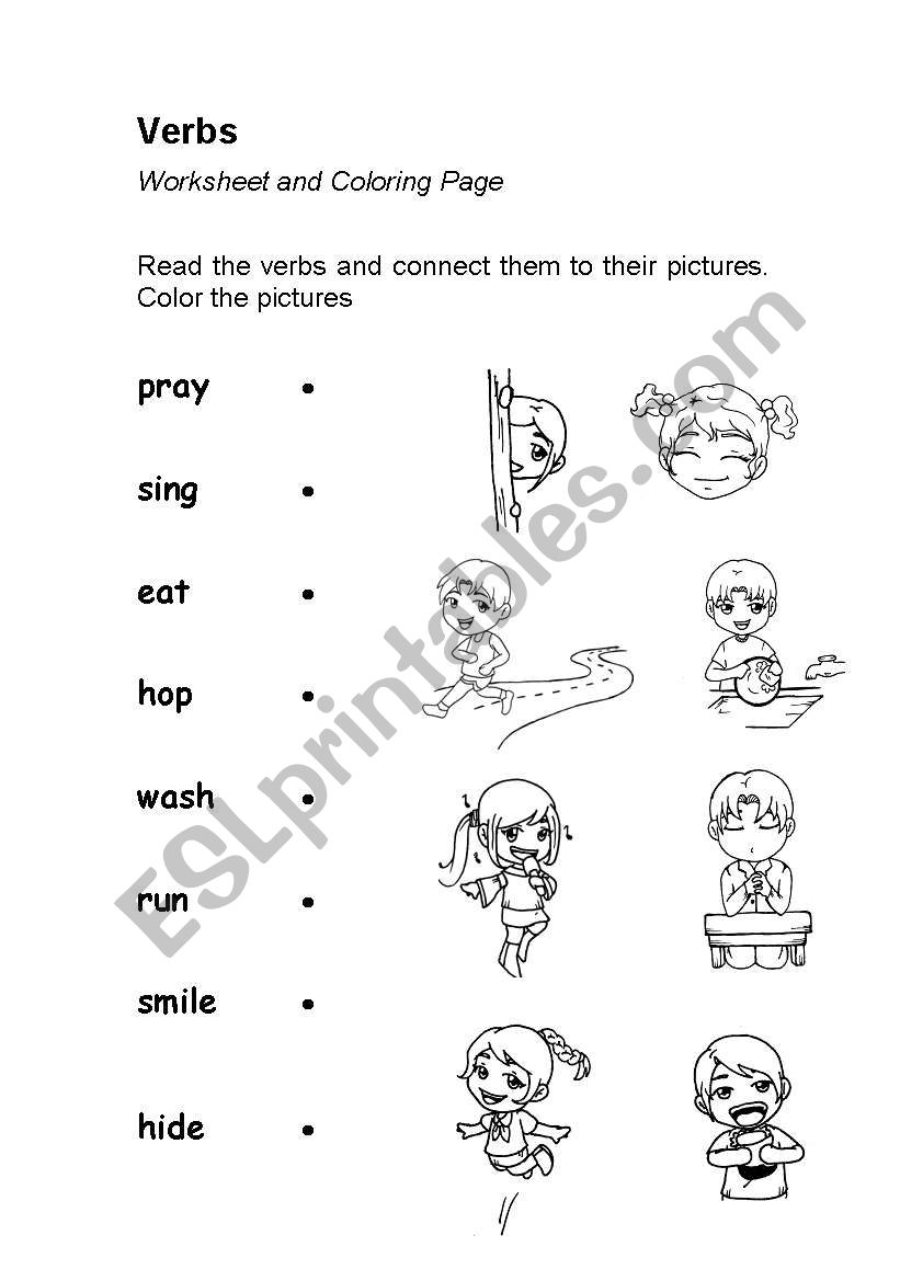 Action Verbs Coloring Worksheets Verbs or Action Words worksheet coloring page ESL