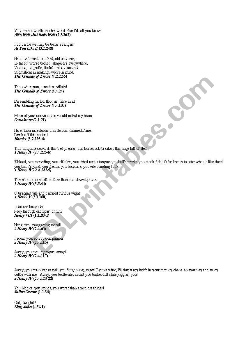 Shakespearean Insults Chart