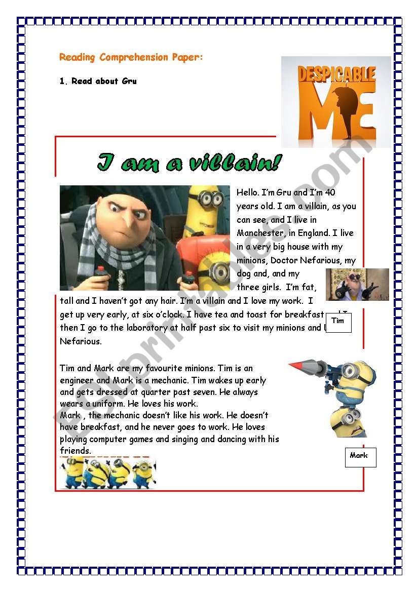 English Worksheets Reading Comprehension About Despicable Me PART 1