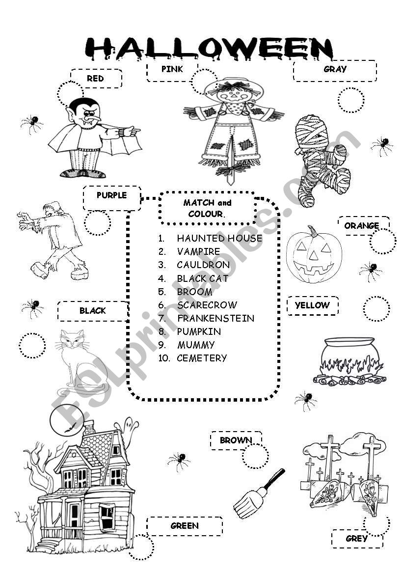 halloween match and color worksheet