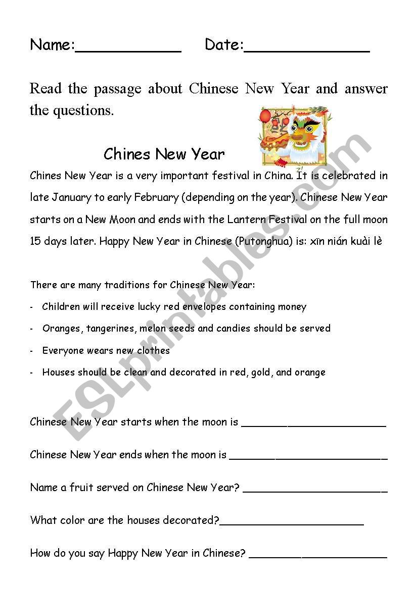 Chinese New Year Comprehension - ESL worksheet by bleue77