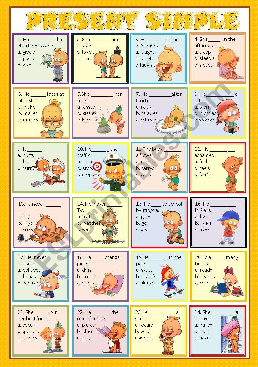 Singular Present Tense Verbs Worksheets