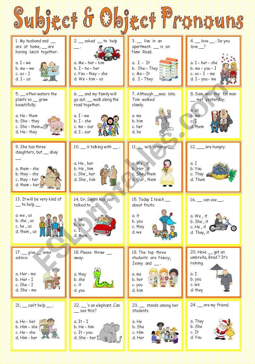 Esl Subject And Object Pronouns Worksheets