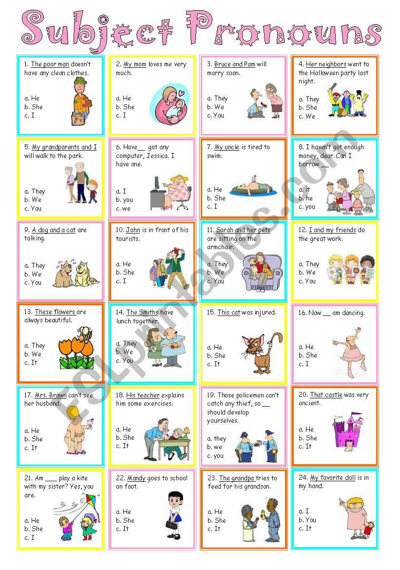 English Worksheets Subject Pronouns