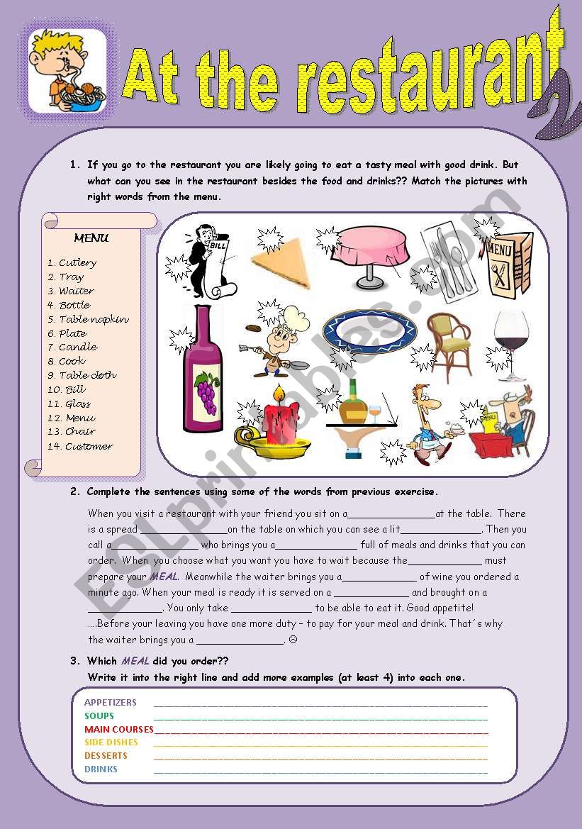 English worksheets At the restaurant 2