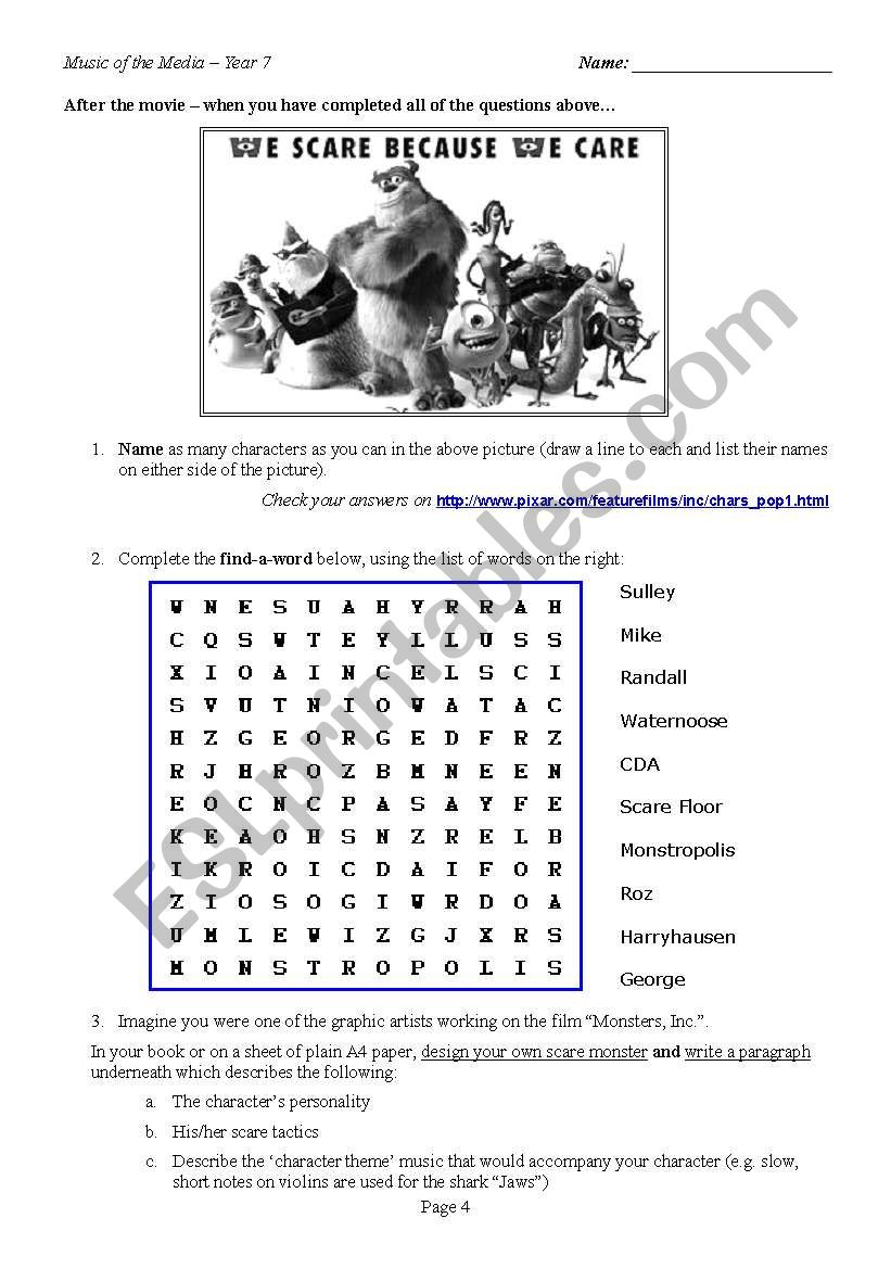English Worksheets Monsters Inc Worksheet