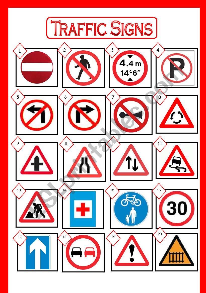 TRAFFIC SIGNS Picture Dictionary. Match the signs with their meaning