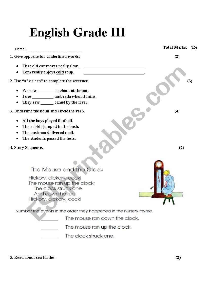 English Worksheets For Year 3 Students