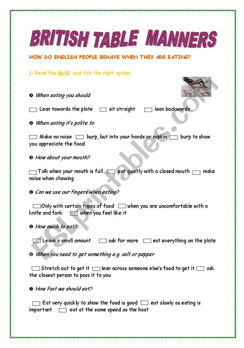 English worksheets: British table manners