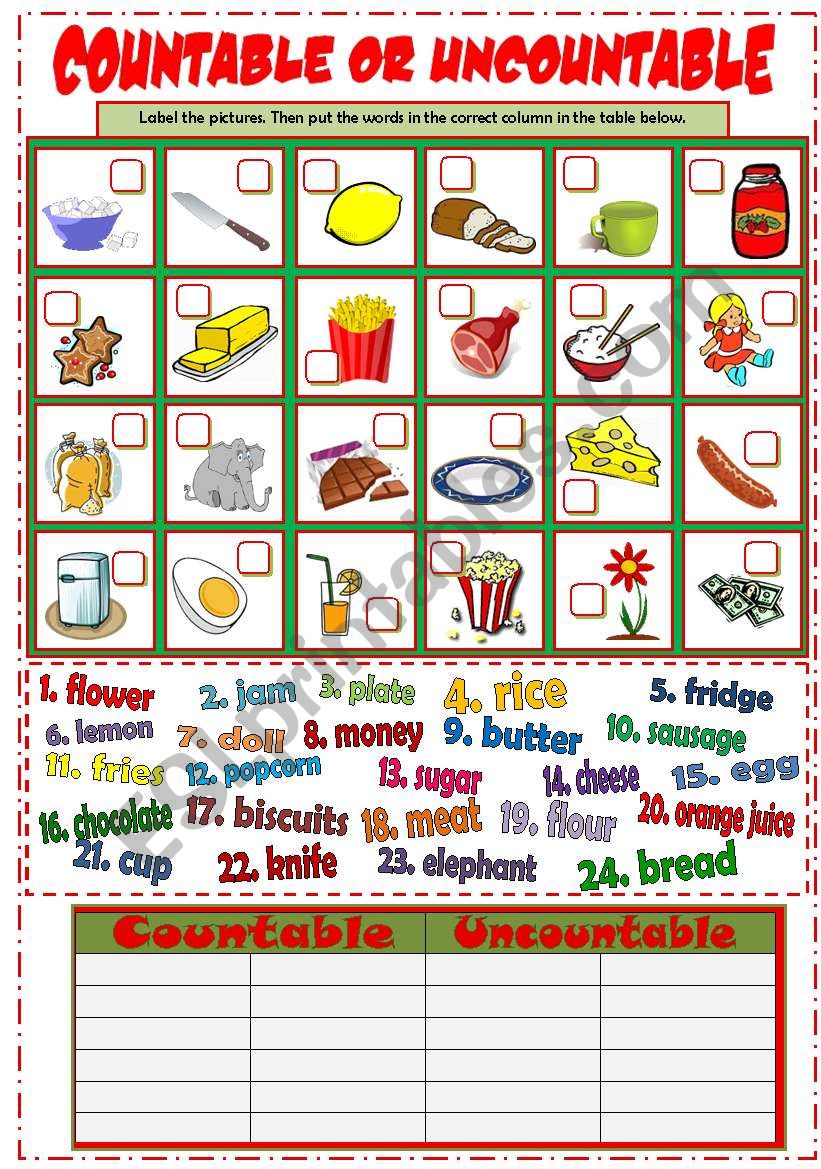 Countable And Uncountable Nouns Printable Worksheets