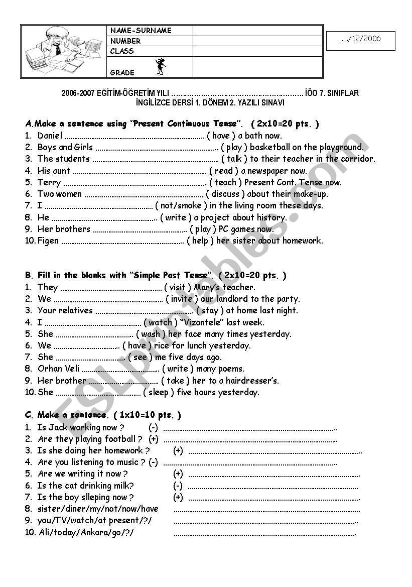 english worksheets  exam about present continuous tense simple past tense tag questions