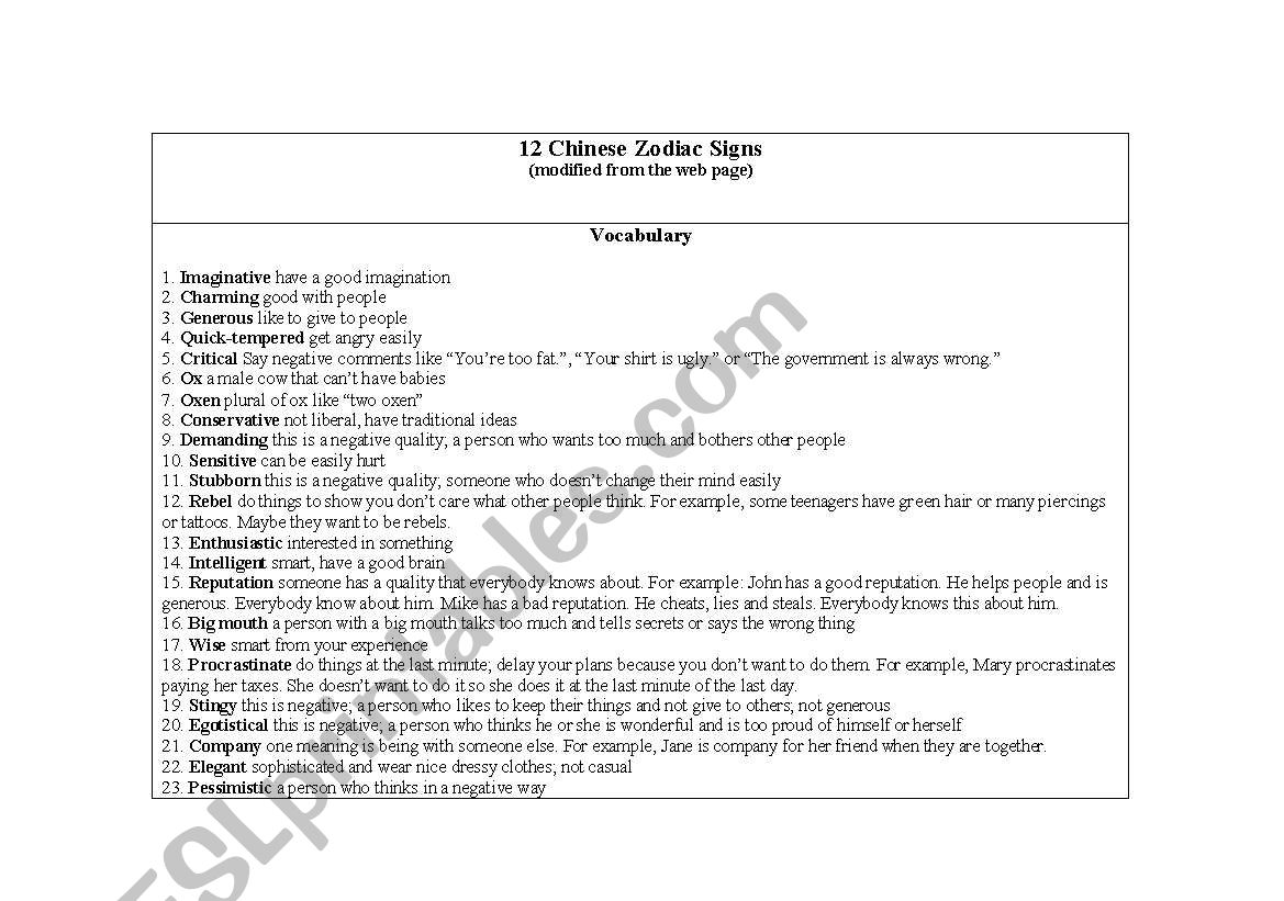 Chinese Zodiac Printable Chart