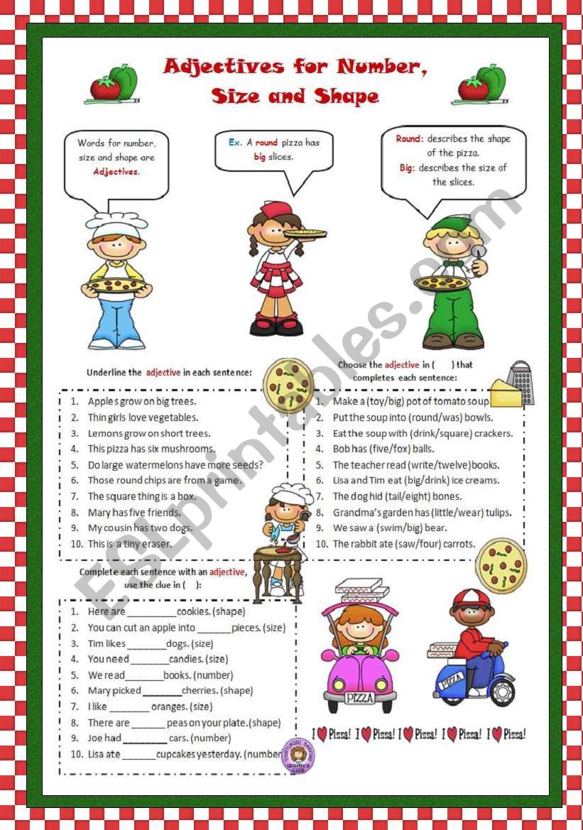 English Worksheets Adjectives For Number Size And Shape
