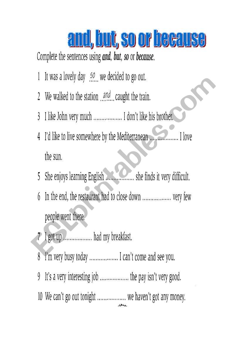 English Worksheets And but so Or Because