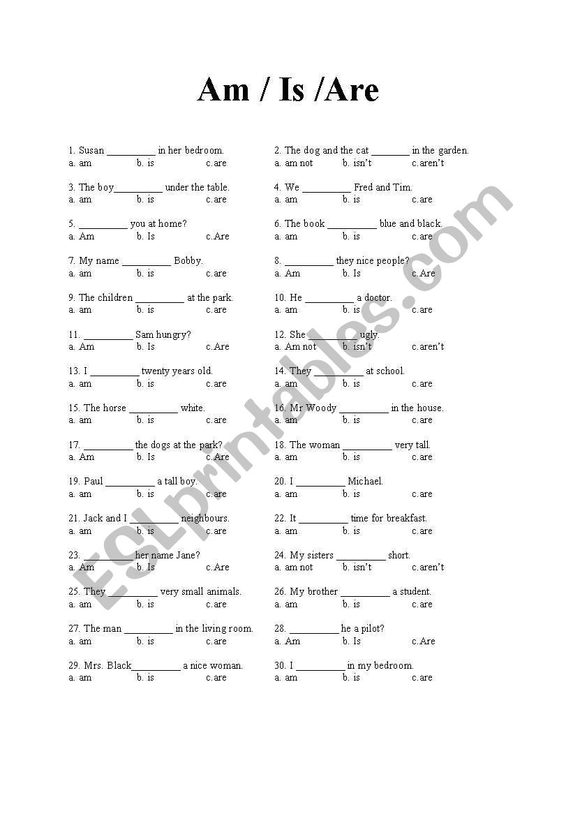 English Worksheets Am Is Are