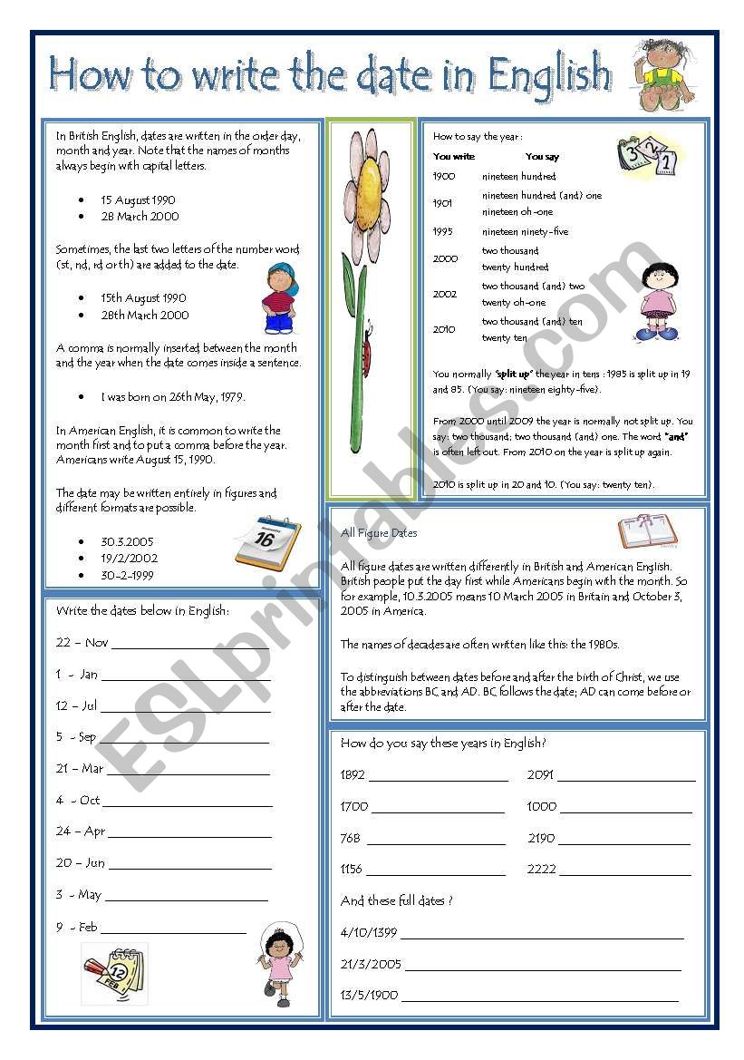 English Worksheets DATES IN ENGLISH