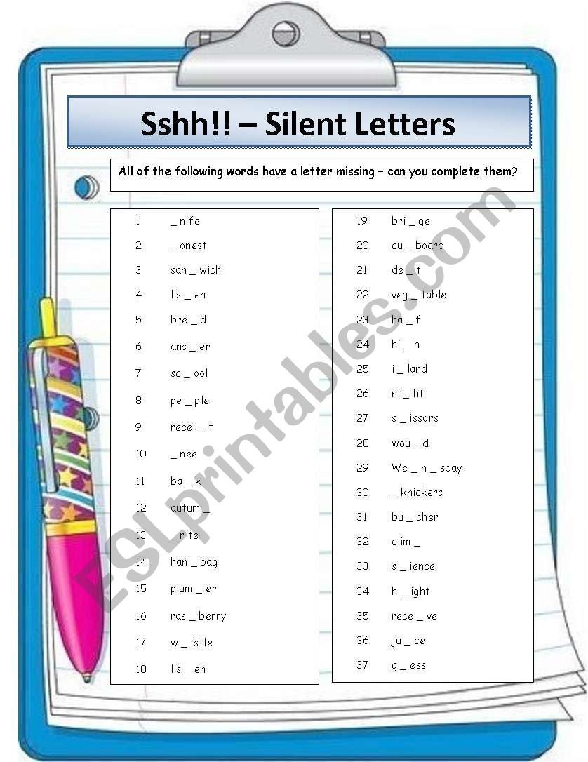 English Worksheets Silent Letters