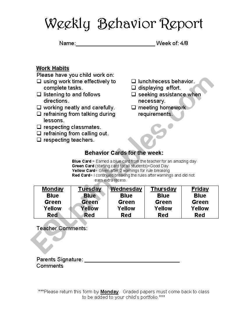 Recess Behavior Chart