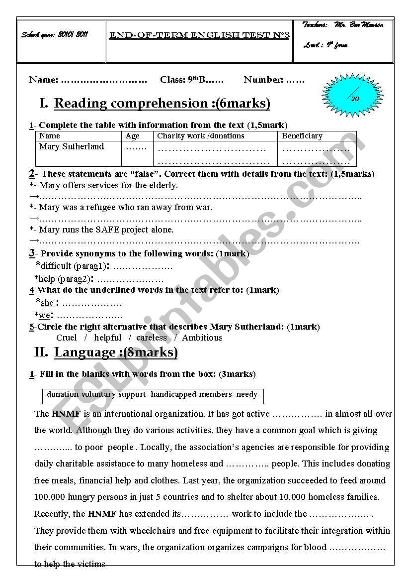 English Worksheets 9 Th Year End of term English Test N 3