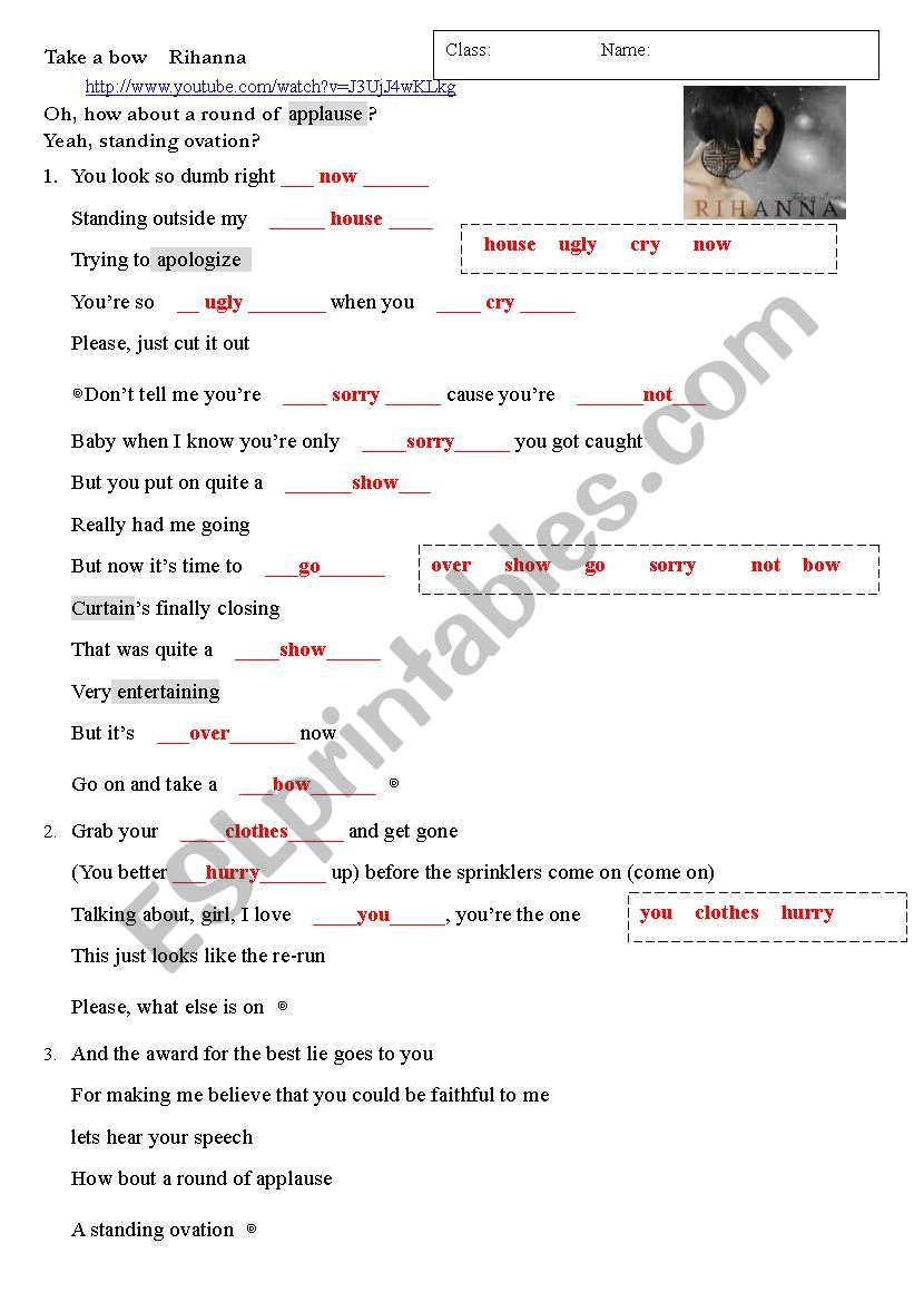 Take a bow Rihanna - ESL worksheet by ottovin