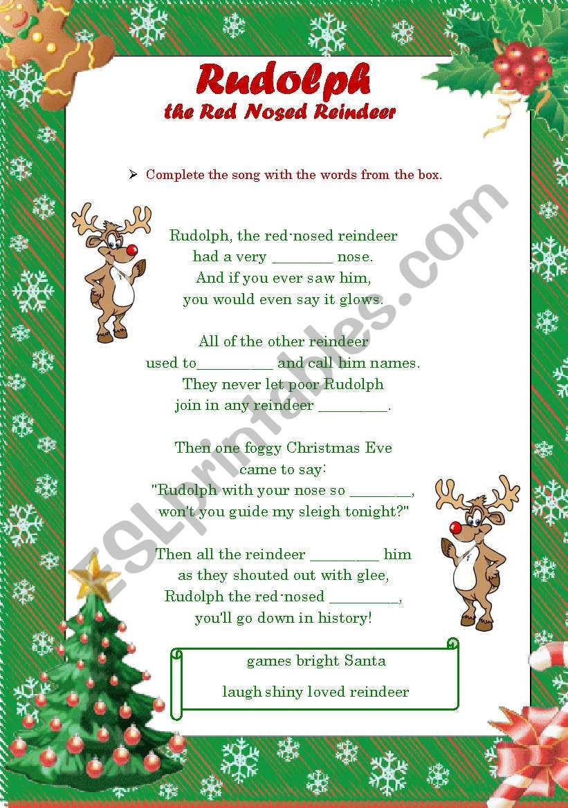 Rudolph the Red Nosed Reindeer Song! (B&W included) ESL worksheet by