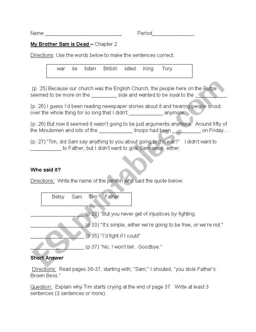 English worksheets My Brother Sam is Dead Chapter 2 Worksheet