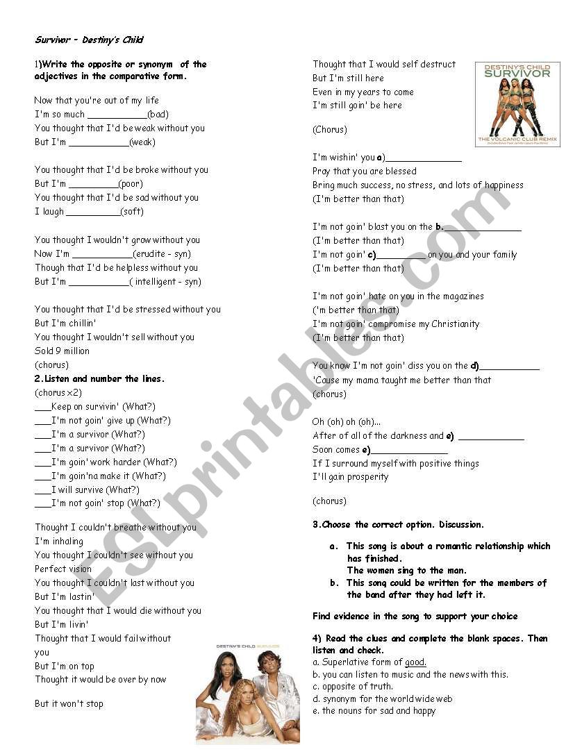English Worksheets Survivor By Destiny s Child