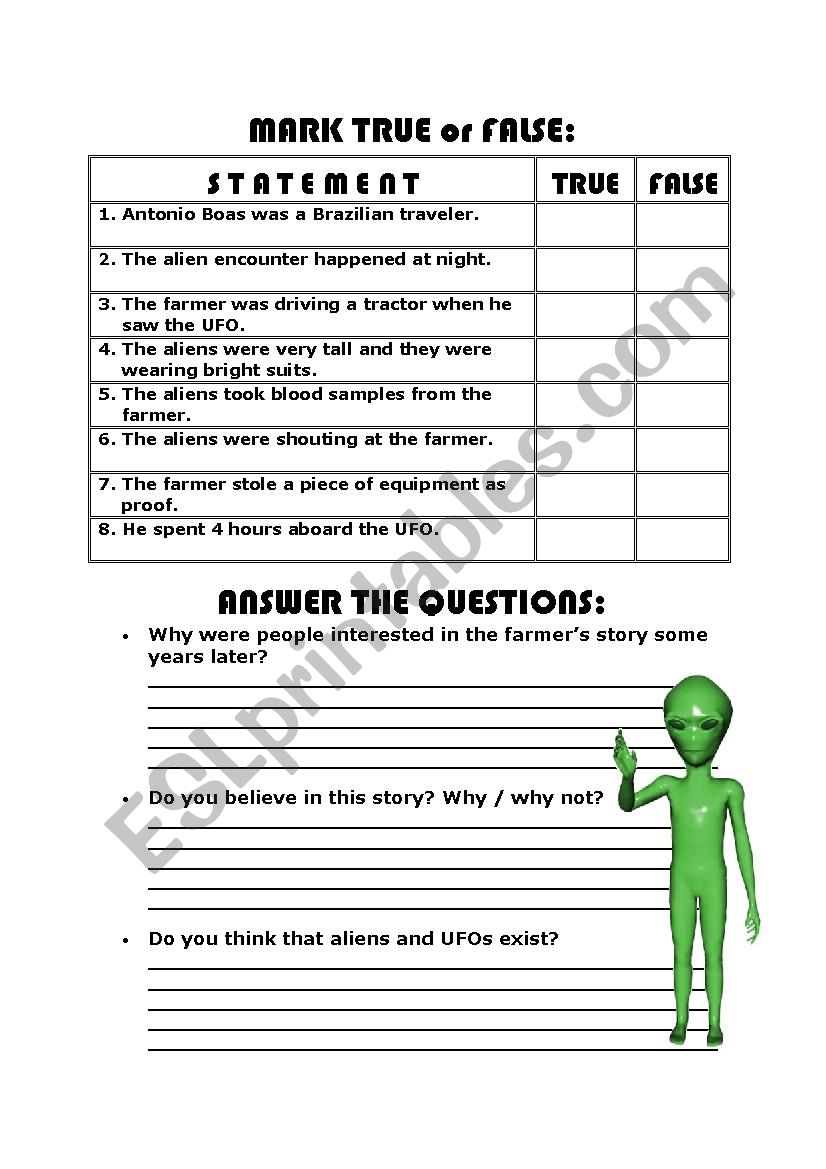 worksheet Alien Encounters Worksheet english worksheets reading comprehension alien encounter